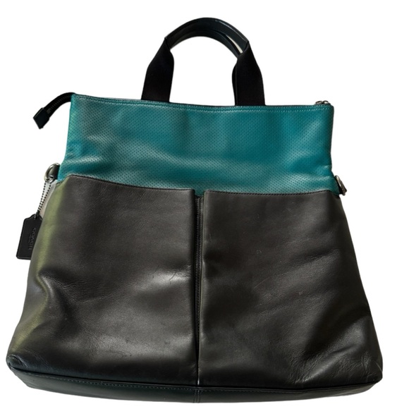 Coach Charles Perforated Leather Seagreen/Black Foldover Tote. - Picture 2 of 12
